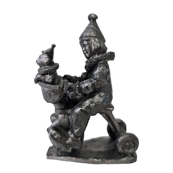 Vintage micheal ricker Pewter Clown On Tricycle Figurine With Cat In Basket - Picture 4 of 9